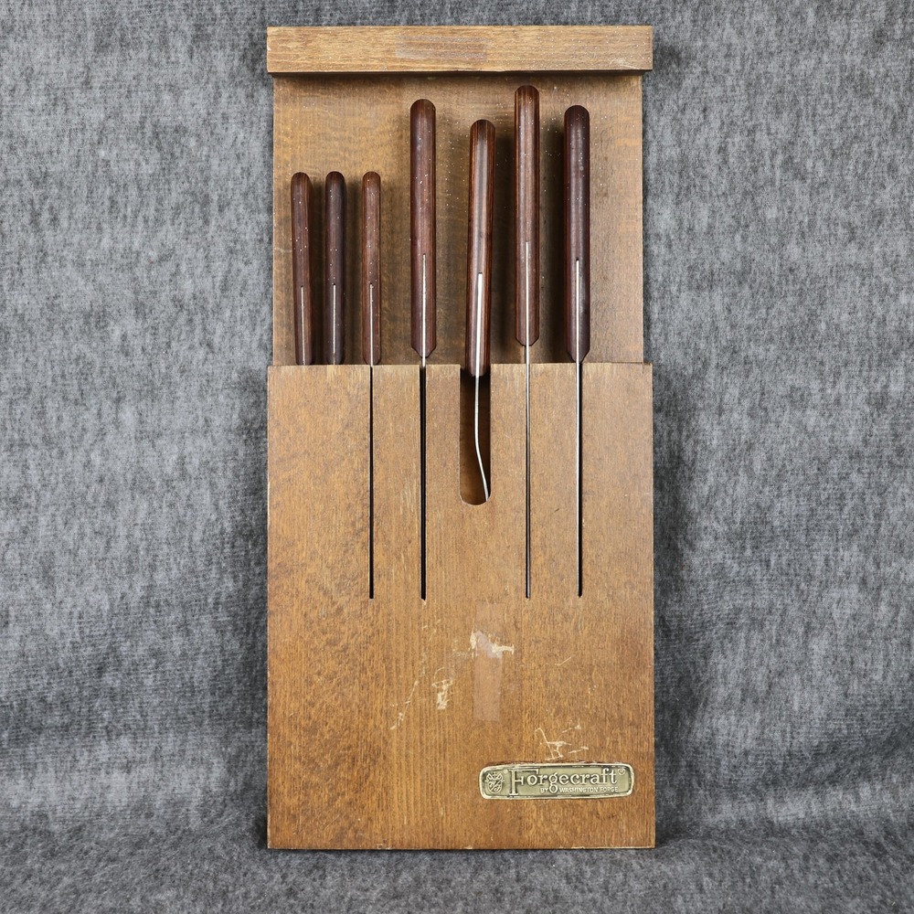 Vintage Forgecraft Knife Set Of 8 Brown Wood Handles Rack Stainless Kitchen